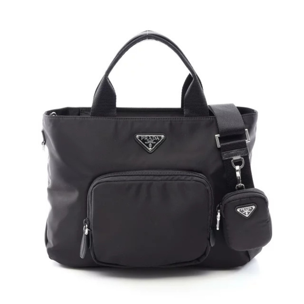 Prada Triangle Plate Handbag Leather Black